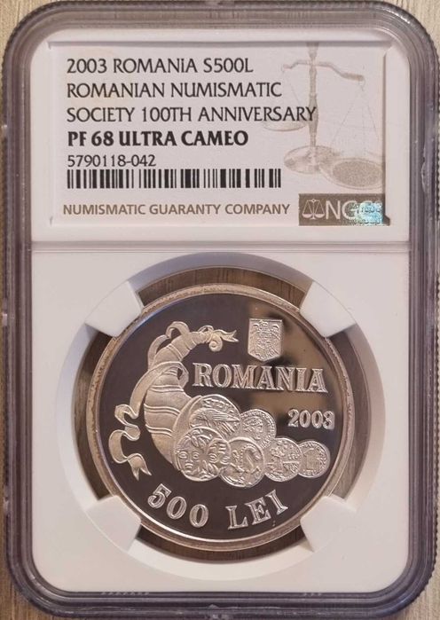 Moneda BNR 500 lei argint Societatea Numismatica gradata NGC PF 68