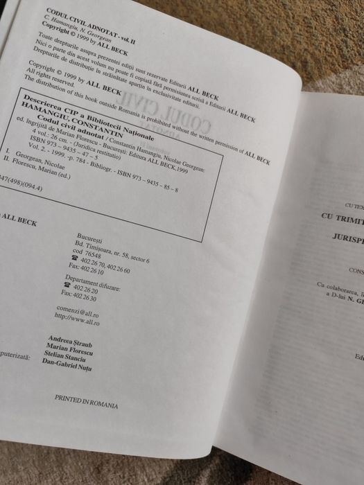 Codul civil adnotat, I si II. Constantin Hamangiu Ed. CH Beck 1999 juridica drept