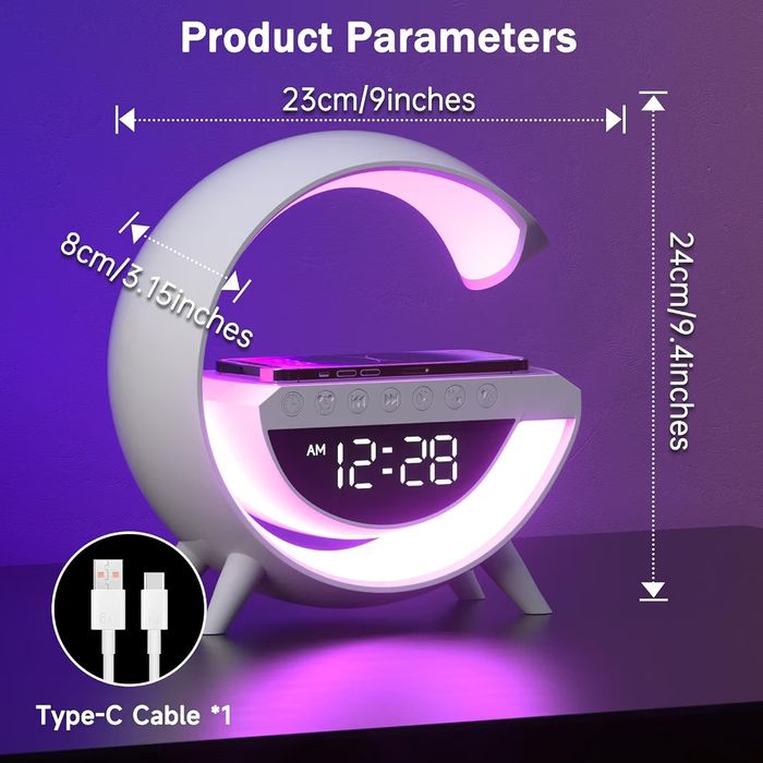 Atmosphere Lamp with Wireless Charger, 15W Led Alarm Clock Dimmable Ambient Light Smart Table Lamp with Bluetooth Speaker