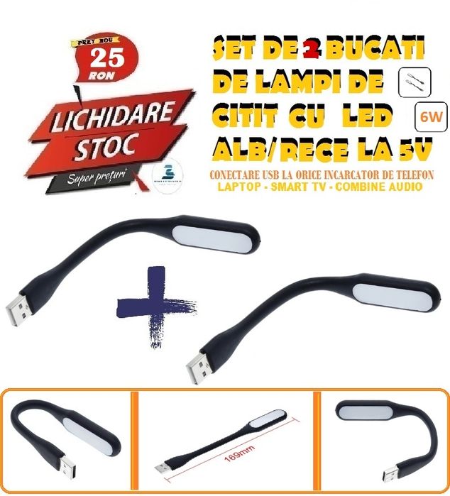 Set de 2 x Lampa de citit USB cu Led alb/rece la 5V/6W - Germania