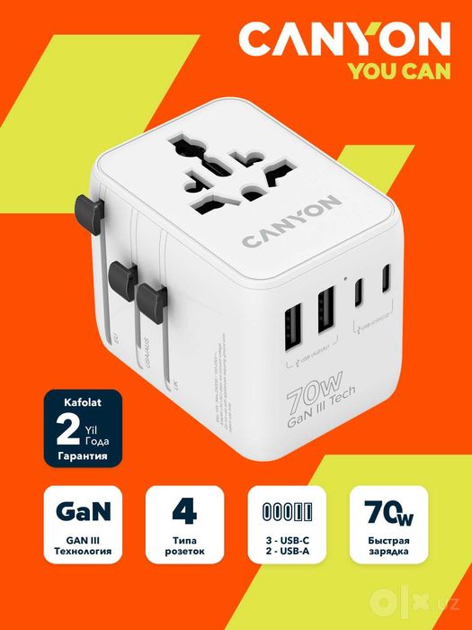 Адаптер Canyon OnTour70, переходник для розетки, GaN 70W