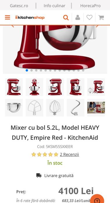 Mixer cu bol 5.2L, Model HEAVY DUTY, Empire Red - KitchenAid