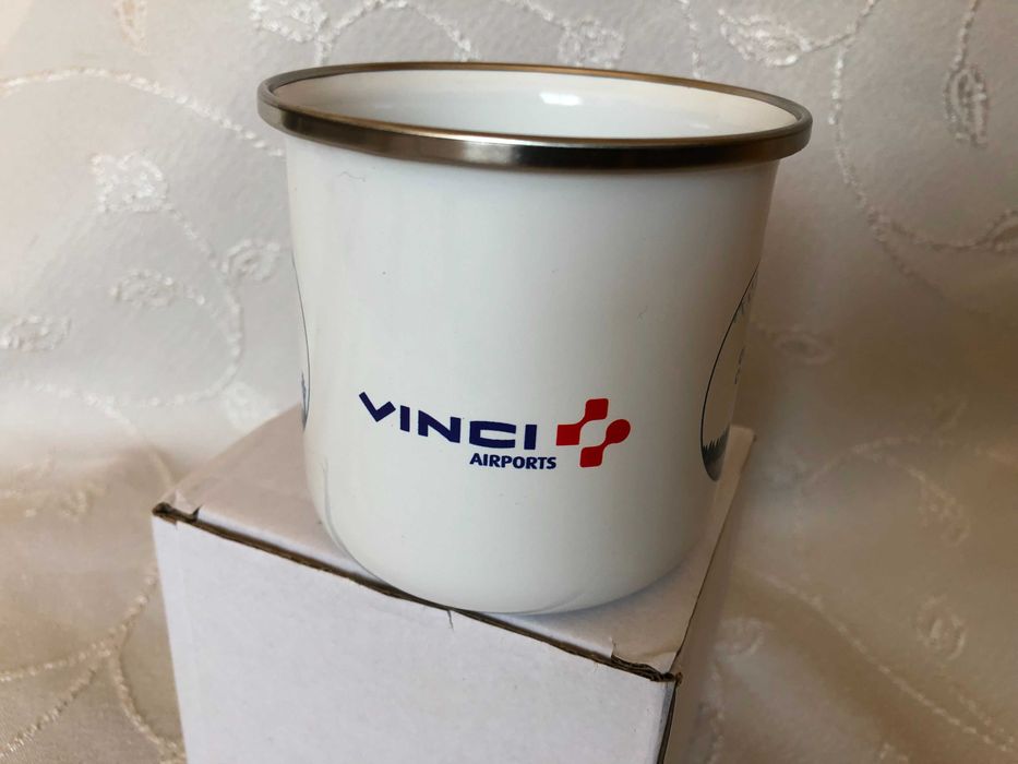 Метално емайлирано канче, бяло със сребрист кант, ретро стил, ново