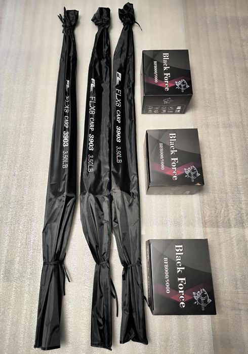 SET 3 Lansete FLX8 3.90M 3Segmente 3.5LBS + 3 Mulinete FL BLACK F 9000