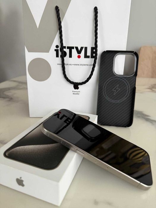 iPhone 15Pro 256 Impecabil,Natural Titanium, 88% +Husa Kevlar +8 Folii