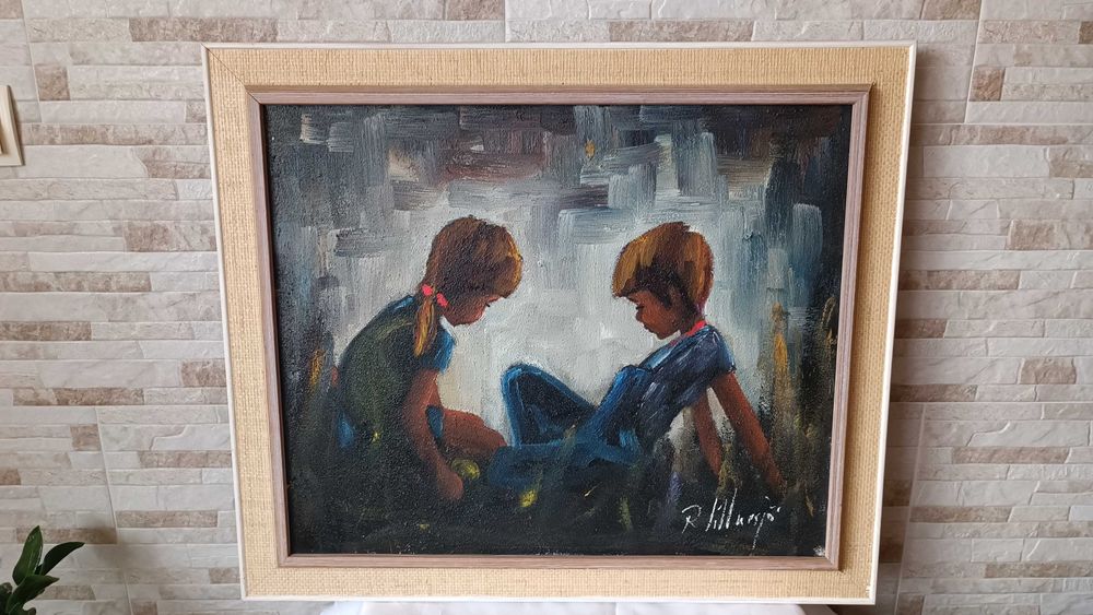 Стара картина "Деца" - маслени бои на платно - 73/63см