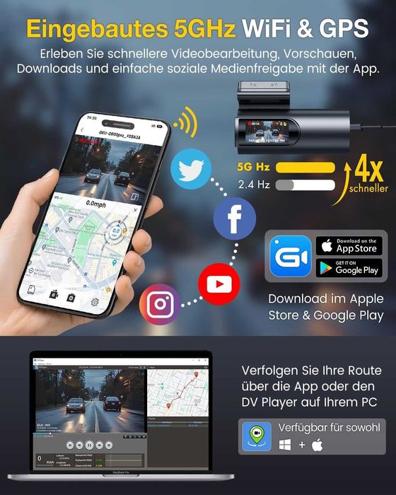 Camera auto GKU 4K+1080P față/spate cu card SD de 64GB, GPS WiFi 5GHz, cameră auto IPS de 1.5” cu monitorizare a parcării, vedere nocturnă superioară