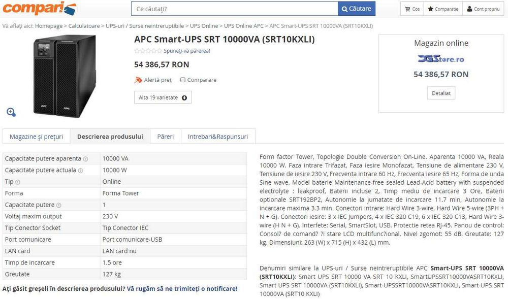 UPS APC cu display si SINUSOIDA PURA intre 750VA-16kVA, deci inclusiv pt case intregi (American Power Convertion - SMT, SRT sau Symmetra) 650-10000RON