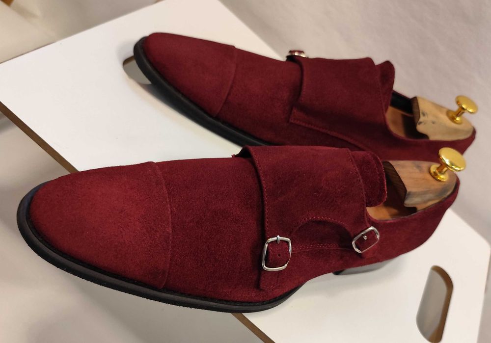 Pantofi double monk 42 42.5 de lux Lavoratione Artigianale NOI piele naturala suede rosu burgundy