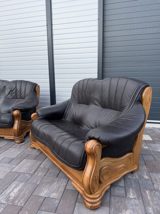 Set canapea canapele 3 - 2 - 1 - 1 Lemn Masiv + PIELE Naturala Rustic