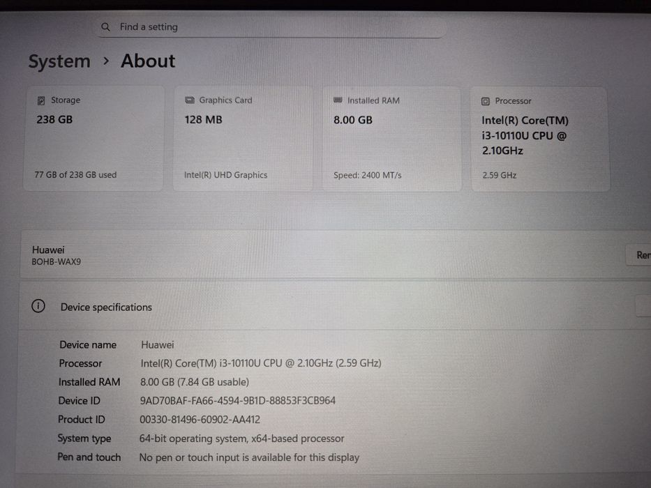 Laptop Huawei 15.6 inch i3