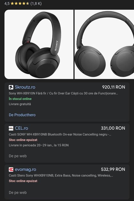 Casti Sony WH-XB910N Bluetooth Over Ear Noise Cancelling