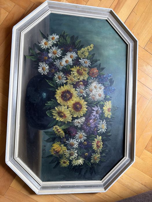 Tablou,pictura in ulei pe lemn ,vaza cu flori de camp ,semnat.