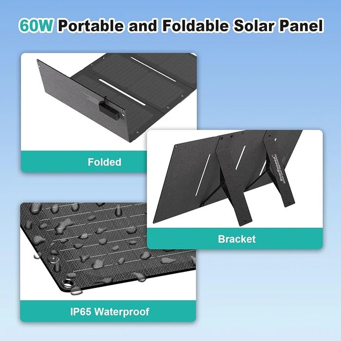Portable Solar Panel, 60W Foldable with USB-A, USB-C and DC output