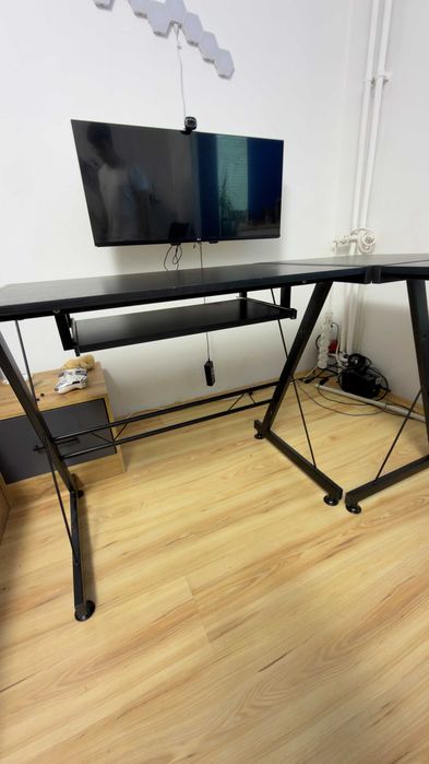 Birou în formă de L, negru, tip gaming/office