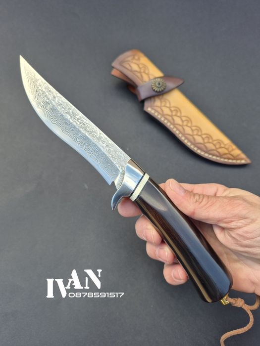 Японски ловен нож-дамаска стомана-VG10-кожена кания