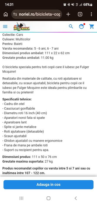Bicicleta copii 16 inch
