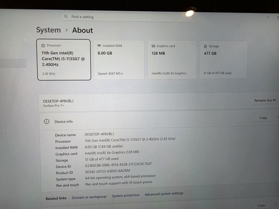 Microsoft Surface Pro 7+ / i5-11th / 8GB Ram / 512 SSD