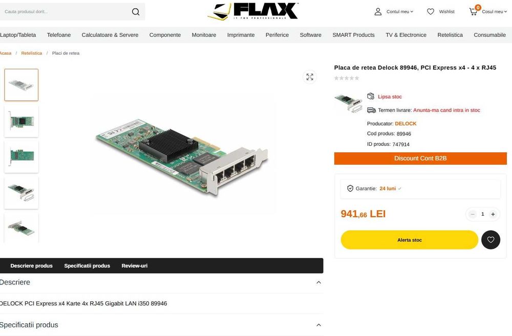 Placa de retea Delock 89946, PCI Express x4 - 4 x RJ45