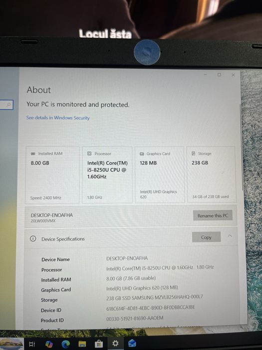 Vand laptop lenovo thinkpad l580 i5 8350u 8gb ram ssd 256gb full hd 15,6 inch
