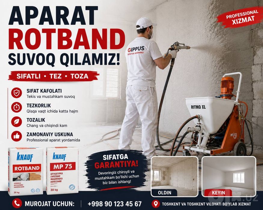Apparatda Rotband sepamiz, штукатур-машинист, mashinada suvoq