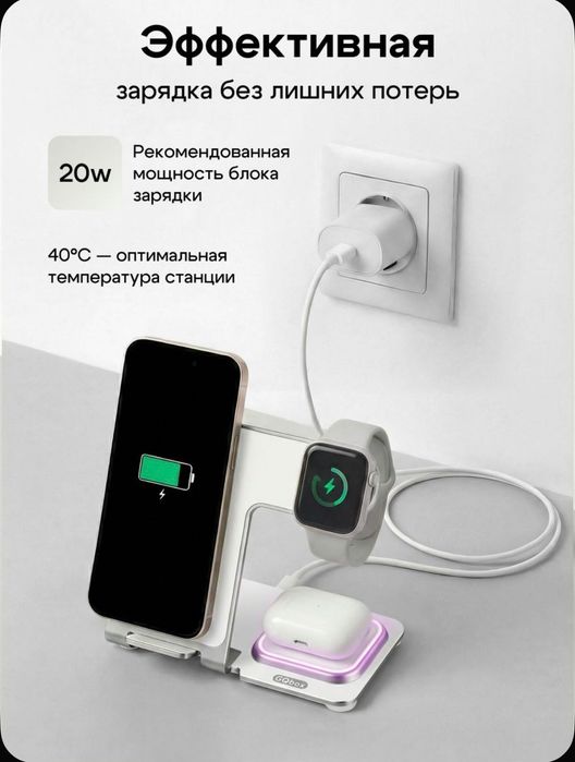 Беспроводная зарядная станция / Док станция / Быстрая зарядка / Белый