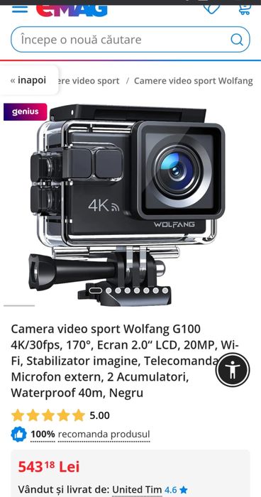 Camera Wolfang G100 rezistenta la apa