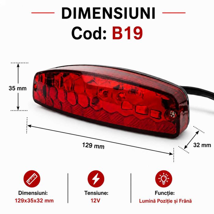 Lampă Stop LED Universală 12V pentru ATV, Quad, UTV și Motocicletă, Funcție Poziție și Frână, Lentilă Roșie sau Transparentă – B19