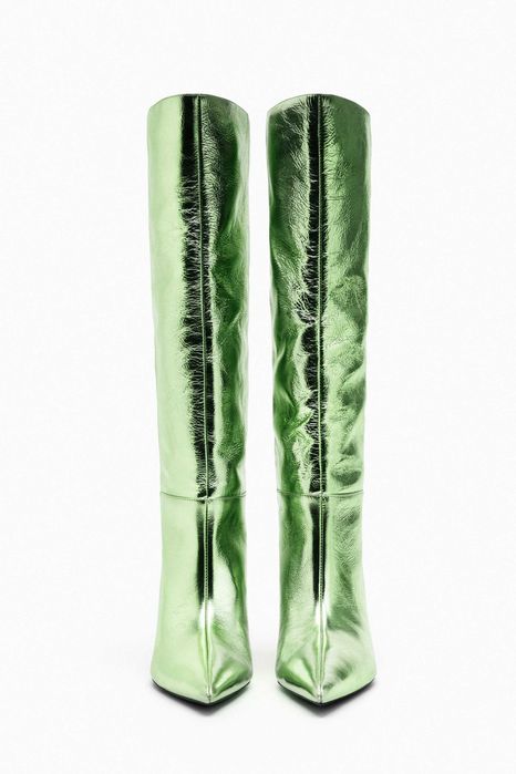Cizme din piele naturală Zara metalice verde 36