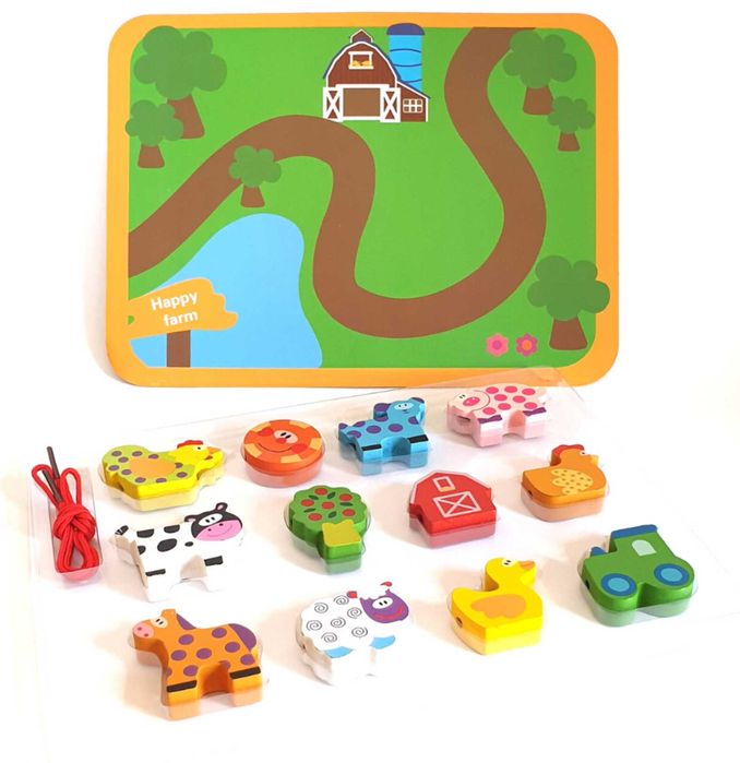 Дървени животни за нанизване- Ферма с връзка и постелка