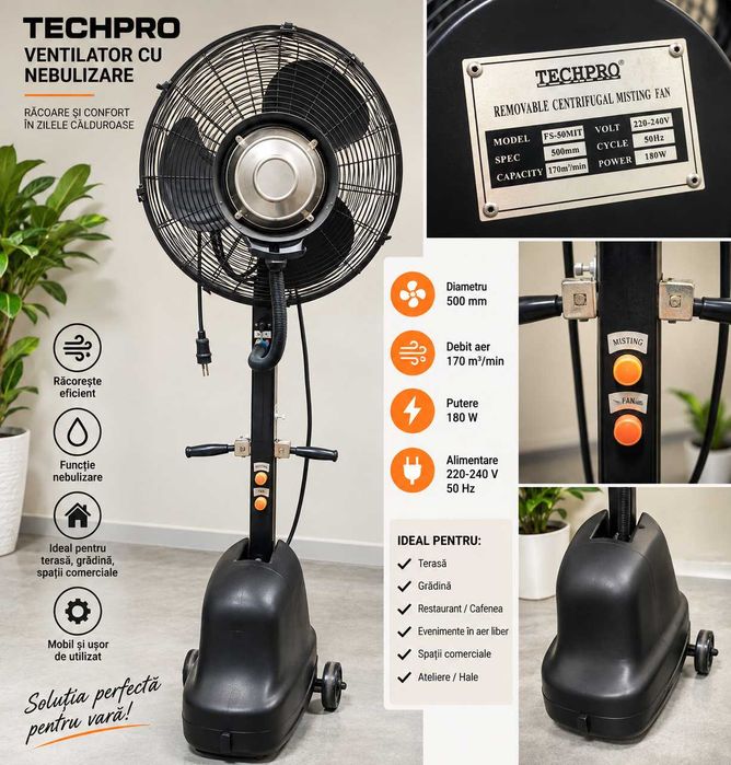 Ventilator profesional TECHPRO cu pulverizare apă 180W – terasă / grădină
