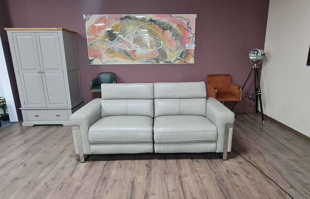 ПРОМОЦИЯ! Сив кожен диван тройка "Moreno" с ел. релакс механизъм