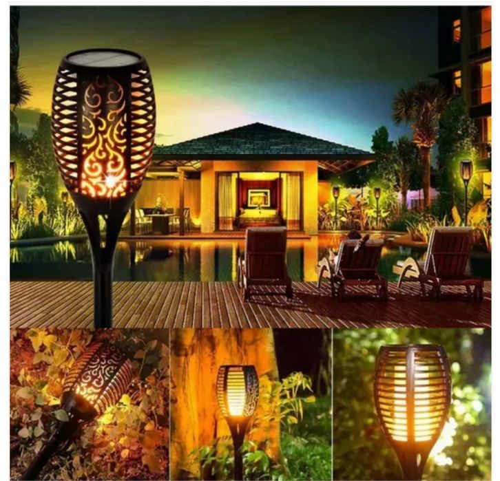 Set 5 lampi solare efect flacara pentru gradina stil torta51,5 cm IP65