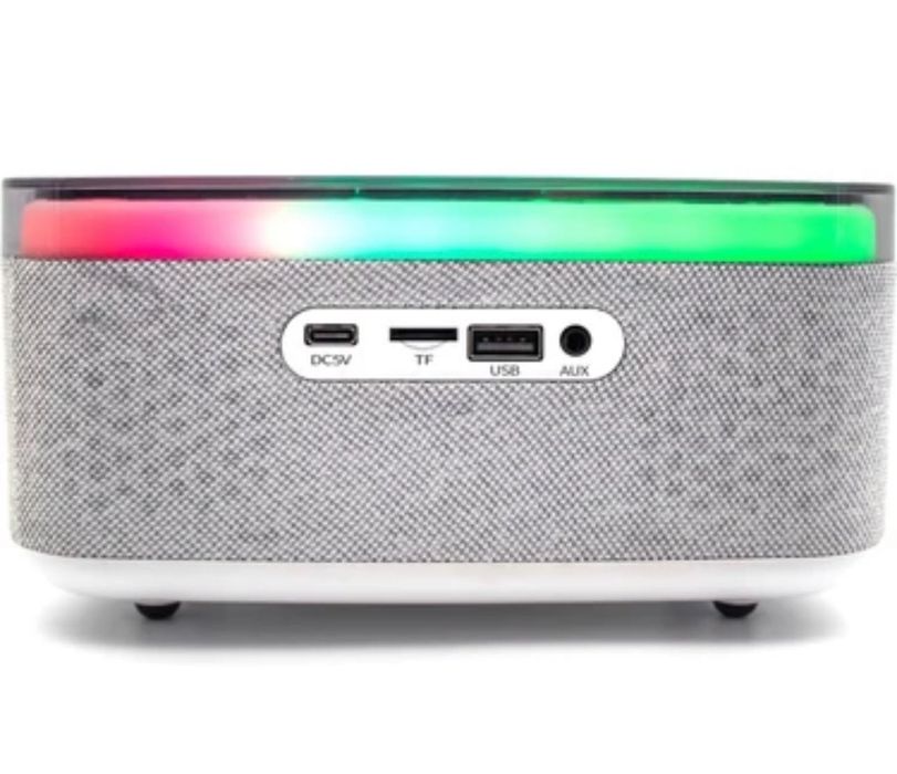 Безжична Bluetooth колонка с функция за зареждане на телефон отгоре, RGB дизайн, аларма и часовник.