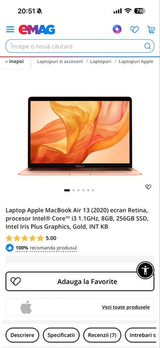 Vând Laptop Apple MacBook Air 13 (2020) ecran Retina, procesor Intel® Core™ i3 1.1GHz, 8GB, 256GB SSD, Intel Iris Plus Graphics, Gold, INT KB