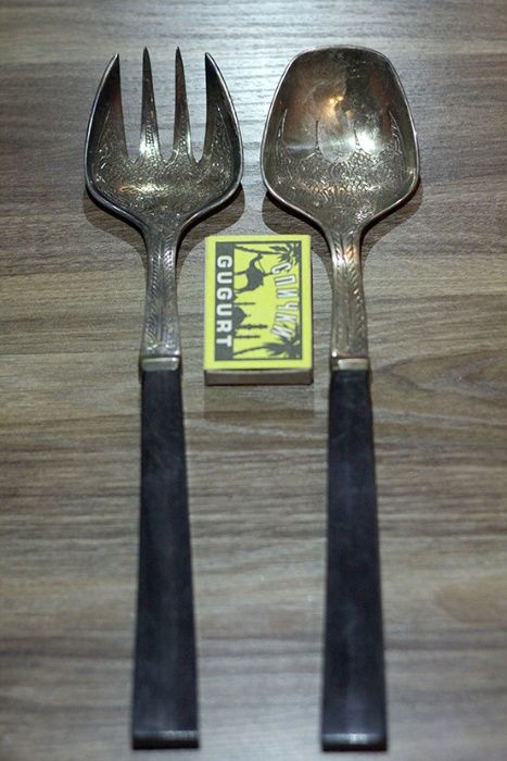 Вилка и ложка для горячего/салатов. Ручки из рога. Индия,ручная работа