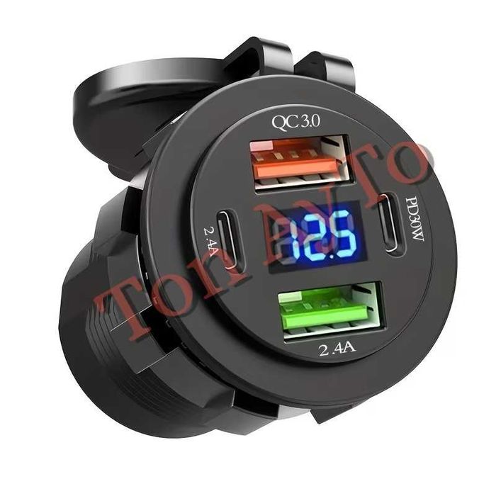 USB Зарядно За Вграждане QC 3.0 + PD 30W + Волтметър  12V / 24V Автомобил Мотор Камион Лодка Каравана Кемпер АТВ Скутер
