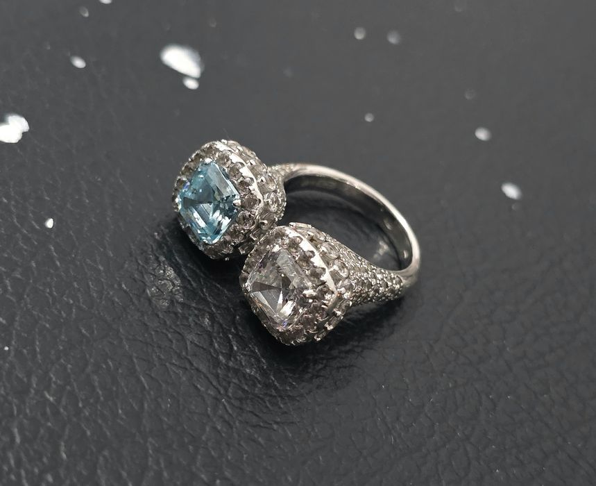 Inel Argint 925 cu Pietre Zirconiu - Design "Toi et Moi" (Bleu & Alb)