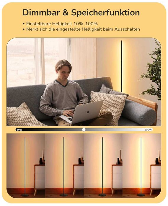 EDISHINE Lampa de Podea LED Dimmabila cu Funcție de Memorie – Neagră 146cm