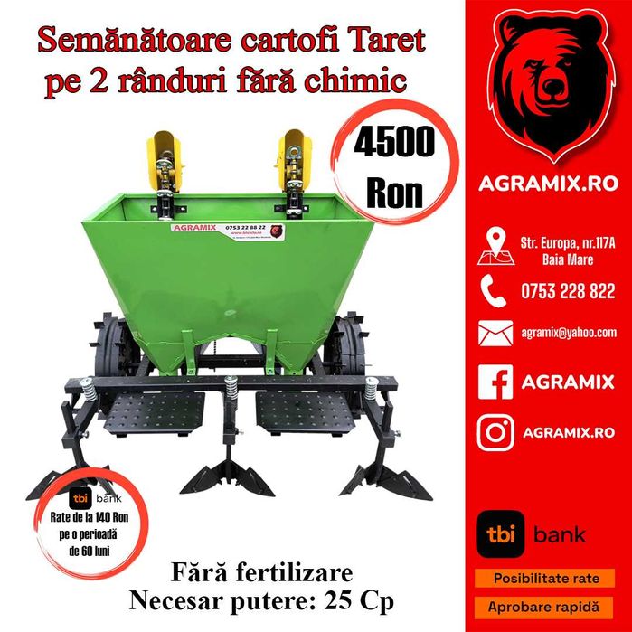 Semanatoare cartofi cu chimic, utilaj plantat cartofi pe 2 randuri