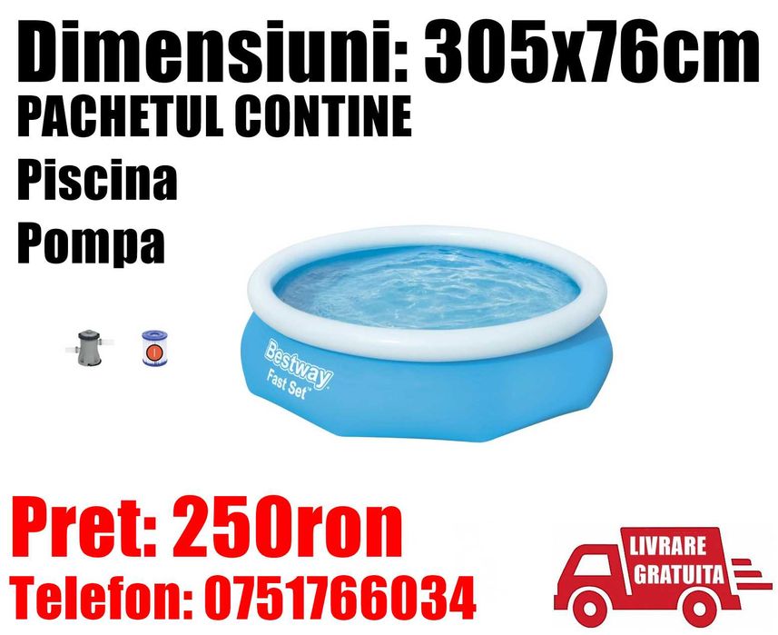 Piscina Bazin Bestway Fast Set Gradina Baie Familie Copii Relaxare Rotunda 305 x 76cm + Pompa Filtrare Apa + Livrare GRATUITA