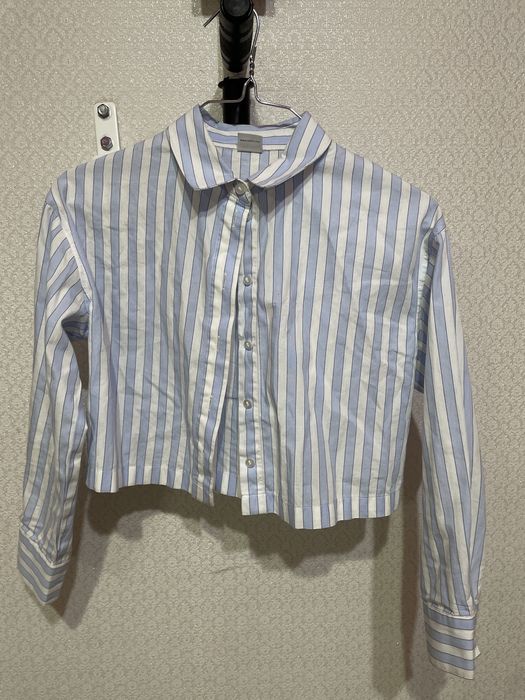 Рубашка голубая в белую полоску для девочки 8-9 лет 134 см.