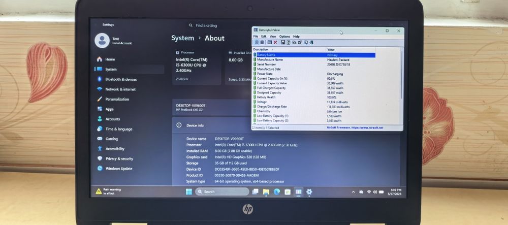 Laptop HP PROBook 640 G2_14"_i5 vPRO 6300U_8GB DDR4_SSD 128GB_SIM 4G_5-6h Bateria (100% Health)