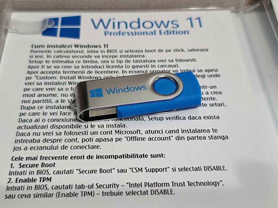 Stick USB bootabil instalare Windows 11 Pro + Office 2024 + licenta originala retail pe viata, PRET REAL!