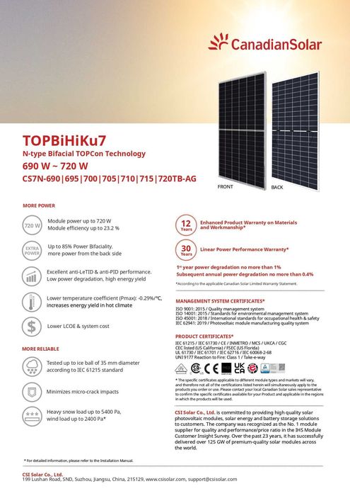 Panouri fotovoltaice Canadian Solar 705W TOPBiHiKu7 - CS7N-705TB-AG