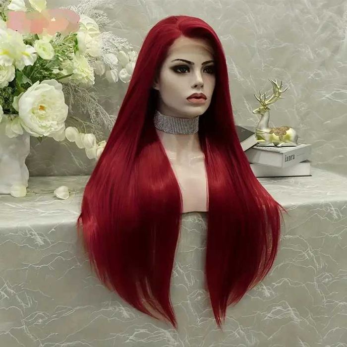 Дълга права тъмно червена бордо перука с дантела лейс фронт LACE FRONT