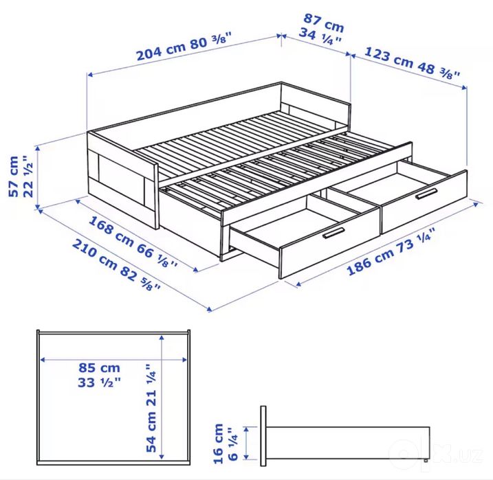 Кровать -кушетка IKEA BRIMNES с 2-мя ящиками, белый 80*200 см