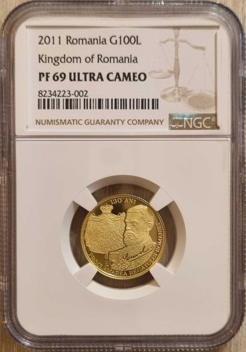 Moneda aur BNR 100 Lei, proclamarea Regatului Rom. gradata NGC PF 69