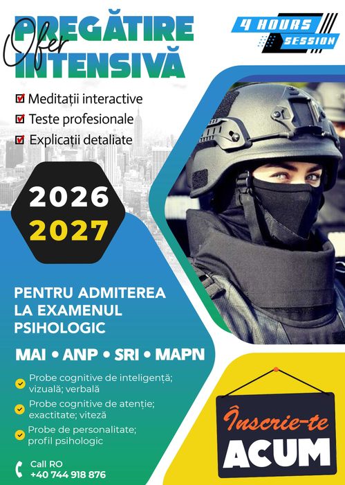 Pregatire intensivă pentru admiterea la examenul psihologic organizat în cadrul MAI, ANP, SRI, MApN