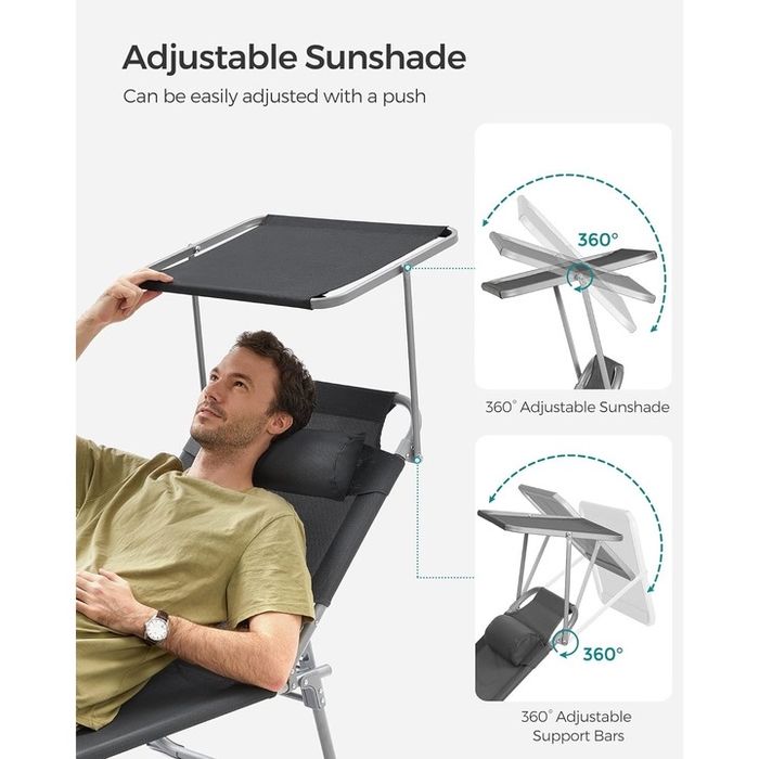 Сгъваем шезлонг SONGMICS със сенник и облегалка за глава, регулируема